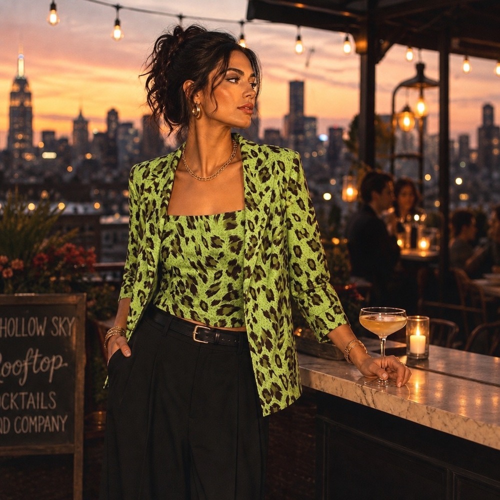 MXI 100% Silk 2 Piece Blazer Top Set Lime Green Leopard Print Womens Size 8